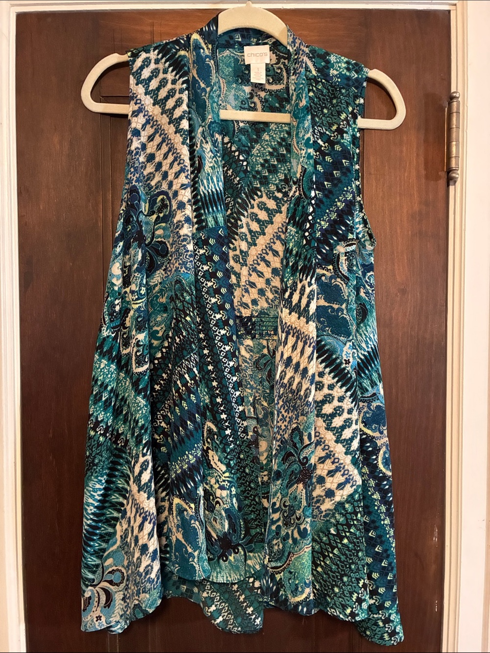 Chico's Teal, Blue & White Printed Sleeveless Open Front Camisole